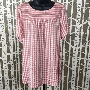 Pink & White Gingham Plaid Smocked Shoulder Longline Pullover Short Sleeve Top